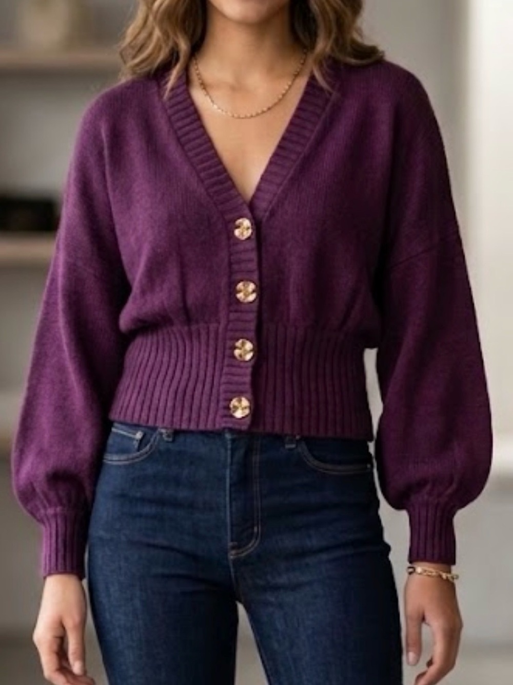 FARM Rio Burgundy Rib-Knit Button Front V-Neck Balloon Sleeve Women’s Cardigan M